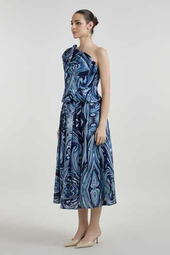 Shop SOBARIKO Blue Linen One Shoulder Marbela Print Top And Fanfare Skirt Set Online at Aza Fashions Shop_SOBARIKO_Blue Linen One Shoulder Marbela Print Top And Fanfare Skirt Set _Online_at_Aza_Fashions