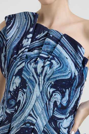 SOBARIKO Blue Linen One Shoulder Marbela Print Top And Fanfare Skirt Set at Aza Fashions SOBARIKO_Blue Linen One Shoulder Marbela Print Top And Fanfare Skirt Set _at_Aza_Fashions