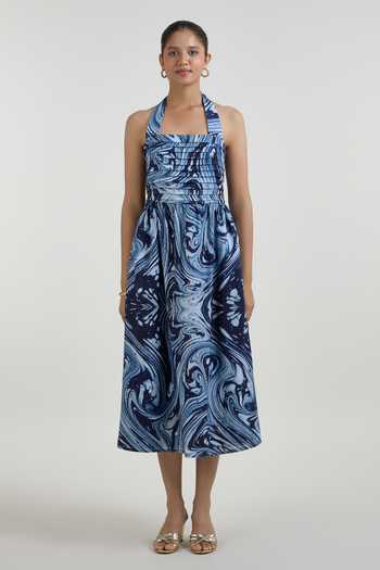 SOBARIKO Blue Linen Halter Neck Marbela Marble Print Dress Online at Aza Fashions SOBARIKO_Blue Linen Halter Neck Marbela Marble Print Dress _Online_at_Aza_Fashions
