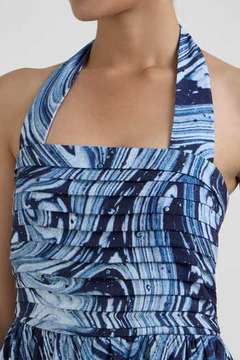 Buy SOBARIKO Blue Linen Halter Neck Marbela Marble Print Dress Online at Aza Fashions Buy_SOBARIKO_Blue Linen Halter Neck Marbela Marble Print Dress _Online_at_Aza_Fashions