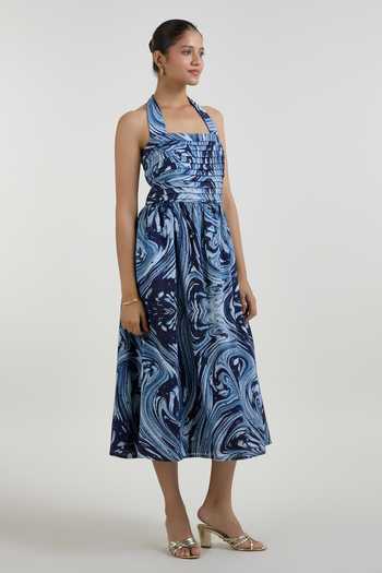 Shop SOBARIKO Blue Linen Halter Neck Marbela Marble Print Dress Online at Aza Fashions Shop_SOBARIKO_Blue Linen Halter Neck Marbela Marble Print Dress _Online_at_Aza_Fashions
