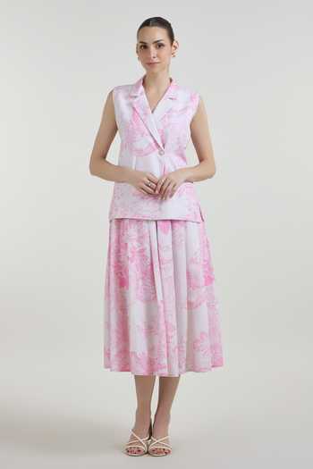 SOBARIKO Pink Linen Rosia Printed Blazer And Skirt Set Online at Aza Fashions SOBARIKO_Pink Linen Rosia Printed Blazer And Skirt Set _Online_at_Aza_Fashions