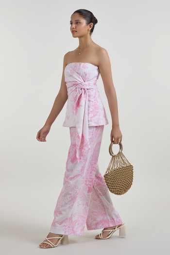 SOBARIKO Pink Linen Bandeau Neck Rosia Strapless Top And Pant Set Online at Aza Fashions SOBARIKO_Pink Linen Bandeau Neck Rosia Strapless Top And Pant Set _Online_at_Aza_Fashions