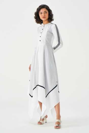 NOTEBOOK_Black Cotton Mandarin Collar Katherine Handkerchief Hem Dress _Online_at_Aza_Fashions