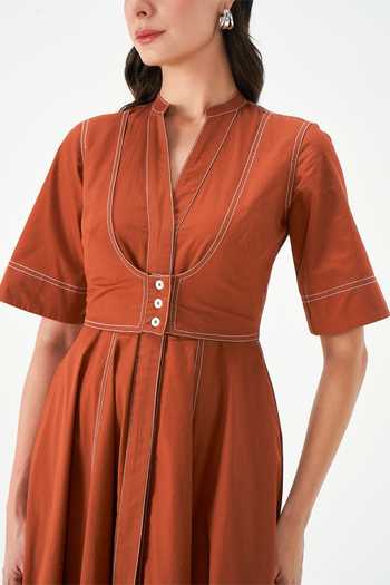 NOTEBOOK Rust Cotton Mandarin Collar, Split V-neck Elisa Pleated Dress Online at Aza Fashions NOTEBOOK_Rust Cotton Mandarin Collar, Split V-neck Elisa Pleated Dress _Online_at_Aza_Fashions