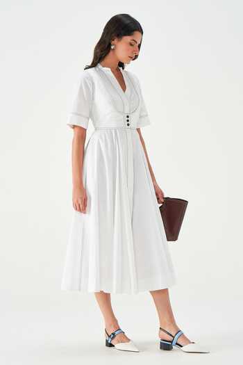 NOTEBOOK_White Cotton Split V-neck Elisa Midi Dress _Online_at_Aza_Fashions