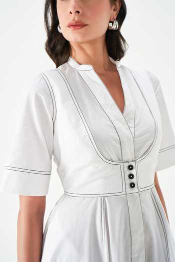 Buy_NOTEBOOK_White Cotton Split V-neck Elisa Midi Dress _Online_at_Aza_Fashions