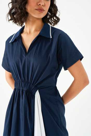 NOTEBOOK White Cotton Collared Neck Clementine Draped Dress Online at Aza Fashions NOTEBOOK_White Cotton Collared Neck Clementine Draped Dress _Online_at_Aza_Fashions