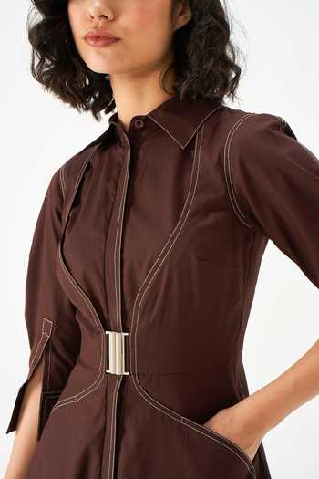 Shop NOTEBOOK Brown Cotton Collared , High Diane Midi Dress Online at Aza Fashions Shop_NOTEBOOK_Brown Cotton Collared , High Diane Midi Dress _Online_at_Aza_Fashions