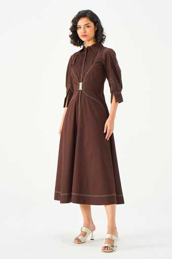 NOTEBOOK Brown Cotton Collared , High Diane Midi Dress at Aza Fashions NOTEBOOK_Brown Cotton Collared , High Diane Midi Dress _at_Aza_Fashions