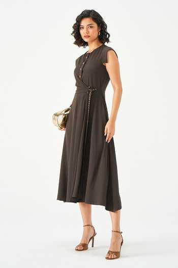 Shop NOTEBOOK Brown Cotton Collared , High Diane Midi Dress Shop_NOTEBOOK_Brown Cotton Collared , High Diane Midi Dress