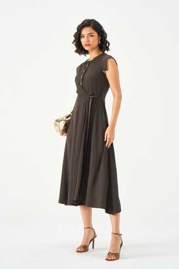 NOTEBOOK_Brown Crepe High Neck Hazel Tailored Bodice Dress _Online_at_Aza_Fashions