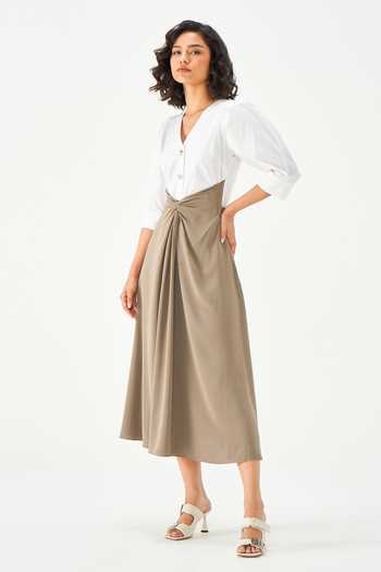 NOTEBOOK White Cotton V-neck Phoebe Color Block Dress Online at Aza Fashions NOTEBOOK_White Cotton V-neck Phoebe Color Block Dress _Online_at_Aza_Fashions