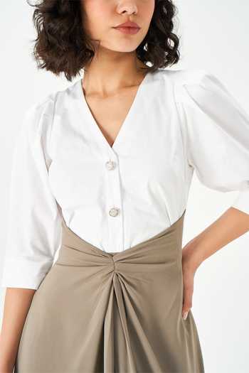Buy NOTEBOOK White Cotton V-neck Phoebe Color Block Dress Online at Aza Fashions Buy_NOTEBOOK_White Cotton V-neck Phoebe Color Block Dress _Online_at_Aza_Fashions