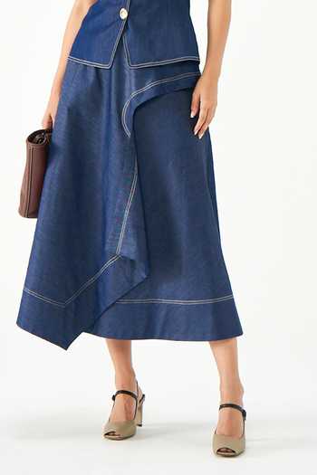 NOTEBOOK Blue Denim Collared Neck Mikel Asymmetrical Waistcoat And Skirt Set Online at Aza Fashions NOTEBOOK_Blue Denim Collared Neck Mikel Asymmetrical Waistcoat And Skirt Set _Online_at_Aza_Fashions
