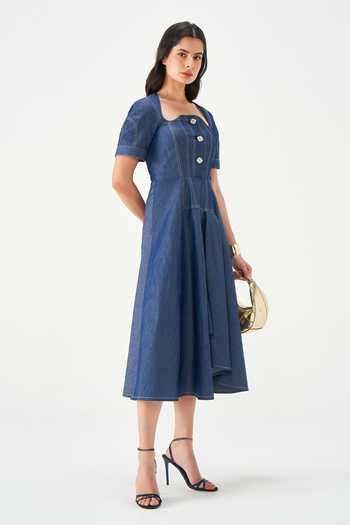 NOTEBOOK_Blue Denim Square Neck Madelyn Tailored Midi Dress _Online_at_Aza_Fashions