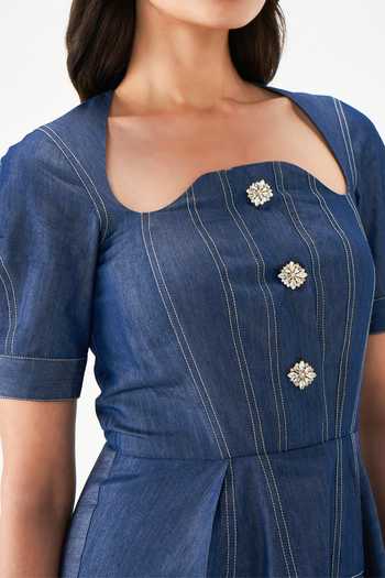 Shop_NOTEBOOK_Blue Denim Square Neck Madelyn Tailored Midi Dress _Online_at_Aza_Fashions