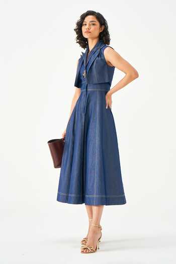 NOTEBOOK_Blue Denim Collared Neck Eliana Sleeveless Structured Dress _Online_at_Aza_Fashions