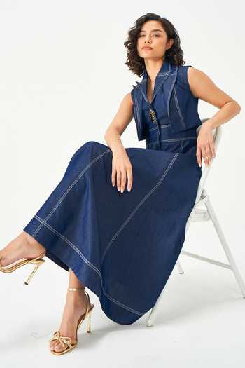 Buy_NOTEBOOK_Blue Denim Collared Neck Eliana Sleeveless Structured Dress _Online_at_Aza_Fashions