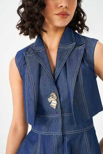 Shop_NOTEBOOK_Blue Denim Collared Neck Eliana Sleeveless Structured Dress _Online_at_Aza_Fashions