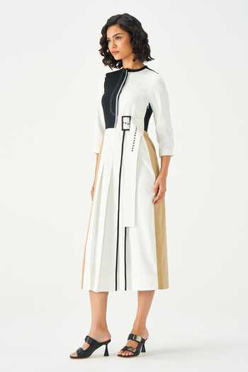 NOTEBOOK Black Rayon, Terrycloth Round Neck Beniece Colourblock Dress Online at Aza Fashions NOTEBOOK_Black Rayon, Terrycloth Round Neck Beniece Colourblock Dress _Online_at_Aza_Fashions