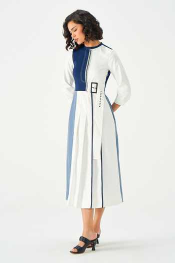 NOTEBOOK Blue Rayon, Terrycloth Round Neck Beniece Colorblocked Dress Online at Aza Fashions NOTEBOOK_Blue Rayon, Terrycloth Round Neck Beniece Colorblocked Dress _Online_at_Aza_Fashions