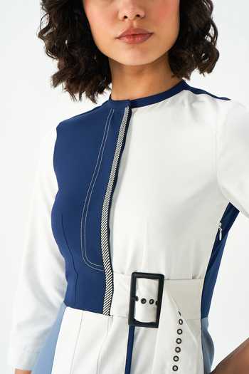 Buy NOTEBOOK Blue Rayon, Terrycloth Round Neck Beniece Colorblocked Dress Online at Aza Fashions Buy_NOTEBOOK_Blue Rayon, Terrycloth Round Neck Beniece Colorblocked Dress _Online_at_Aza_Fashions