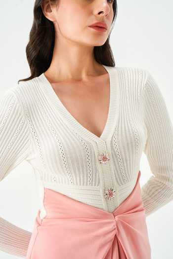 NOTEBOOK Pink V-neck Florian Poly Knit Midi Dress Online at Aza Fashions NOTEBOOK_Pink V-neck Florian Poly Knit Midi Dress _Online_at_Aza_Fashions