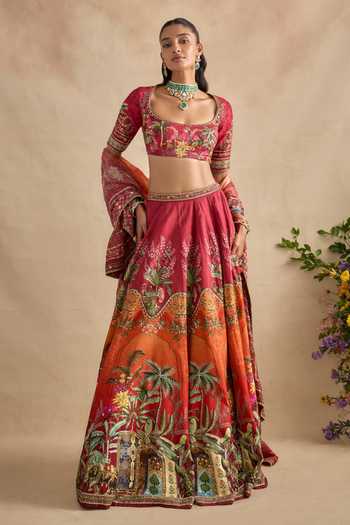 Shop Kalista Red , Saranya Hand Embroidered Tropical Print Lehenga Set Online at Aza Fashions Shop_Kalista_Red , Saranya Hand Embroidered Tropical Print Lehenga Set _Online_at_Aza_Fashions