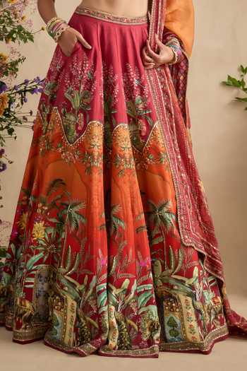 Kalista Red , Saranya Hand Embroidered Tropical Print Lehenga Set at Aza Fashions Kalista_Red , Saranya Hand Embroidered Tropical Print Lehenga Set _at_Aza_Fashions