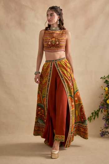 Kalista Multi Color Silk, Viscose High Neck Eshani Hand Painted Top With Pant Online at Aza Fashions Kalista_Multi Color Silk, Viscose High Neck Eshani Hand Painted Top With Pant _Online_at_Aza_Fashions