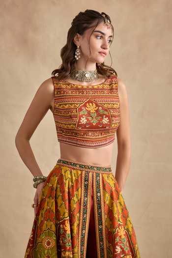 Kalista Multi Color Silk, Viscose High Neck Eshani Hand Painted Top With Pant at Aza Fashions Kalista_Multi Color Silk, Viscose High Neck Eshani Hand Painted Top With Pant _at_Aza_Fashions