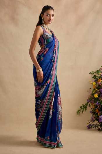 Kalista Blue Georgette, Scoop Aashna Floral Pattern Pre-draped Saree Set Online at Aza Fashions Kalista_Blue Georgette, Scoop Aashna Floral Pattern Pre-draped Saree Set _Online_at_Aza_Fashions
