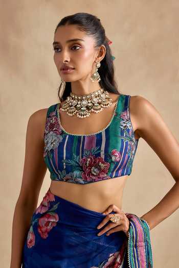 Shop Kalista Blue Georgette, Scoop Aashna Floral Pattern Pre-draped Saree Set Online at Aza Fashions Shop_Kalista_Blue Georgette, Scoop Aashna Floral Pattern Pre-draped Saree Set _Online_at_Aza_Fashions