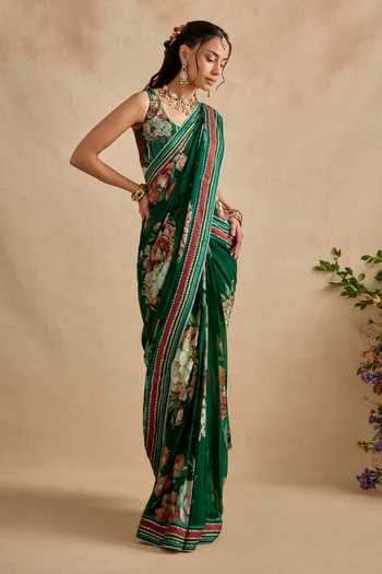 Kalista Emerald Green Viscose Georgette, Aashna Floral Print Pre-draped Saree Set Online at Aza Fashions Kalista_Emerald Green Viscose Georgette, Aashna Floral Print Pre-draped Saree Set _Online_at_Aza_Fashions
