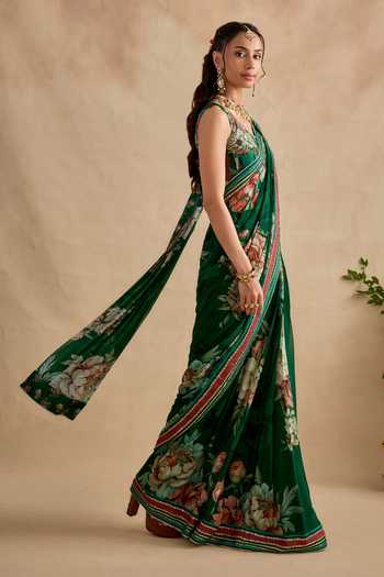Buy Kalista Emerald Green Viscose Georgette, Aashna Floral Print Pre-draped Saree Set Online at Aza Fashions Buy_Kalista_Emerald Green Viscose Georgette, Aashna Floral Print Pre-draped Saree Set _Online_at_Aza_Fashions