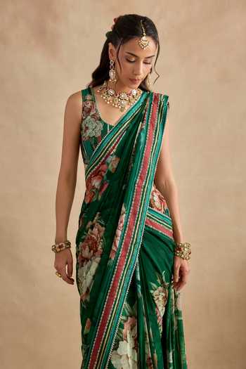 Shop Kalista Emerald Green Viscose Georgette, Aashna Floral Print Pre-draped Saree Set Online at Aza Fashions Shop_Kalista_Emerald Green Viscose Georgette, Aashna Floral Print Pre-draped Saree Set _Online_at_Aza_Fashions