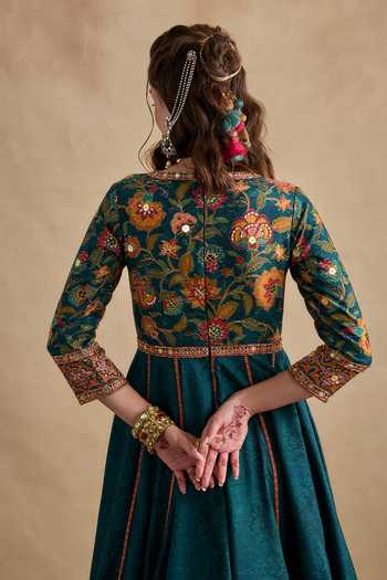 Kalista_Teal Silk, Viscose, Tulle Round Neck Qudsia Embroidered Anarkali With Dupatta _Online_at_Aza_Fashions