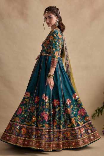 Buy_Kalista_Teal Silk, Viscose, Tulle Round Neck Qudsia Embroidered Anarkali With Dupatta 