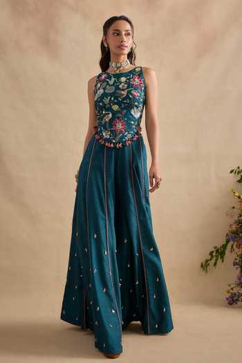 Kalista Blue Silk, Viscose Round Neck Sonika Floral Embroidered Blouse And Sharara Set Online at Aza Fashions Kalista_Blue Silk, Viscose Round Neck Sonika Floral Embroidered Blouse And Sharara Set _Online_at_Aza_Fashions