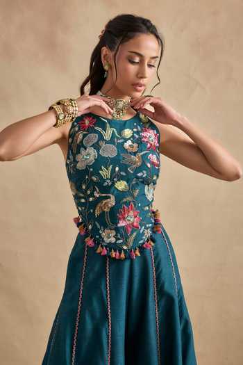 Kalista Blue Silk, Viscose Round Neck Sonika Floral Embroidered Blouse And Sharara Set at Aza Fashions Kalista_Blue Silk, Viscose Round Neck Sonika Floral Embroidered Blouse And Sharara Set _at_Aza_Fashions
