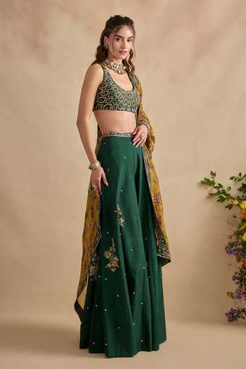 Shop Kalista Green Silk, Viscose Scoop Neck Shanaya Embroidered Blouse Sharara Set Online at Aza Fashions Shop_Kalista_Green Silk, Viscose Scoop Neck Shanaya Embroidered Blouse Sharara Set _Online_at_Aza_Fashions