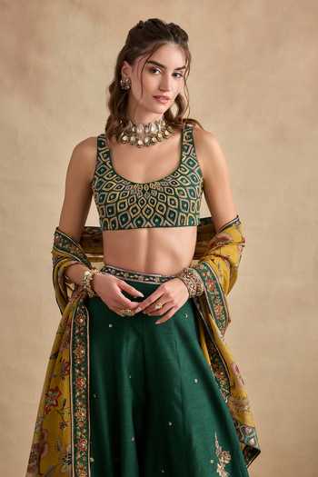 Kalista Green Silk, Viscose Scoop Neck Shanaya Embroidered Blouse Sharara Set at Aza Fashions Kalista_Green Silk, Viscose Scoop Neck Shanaya Embroidered Blouse Sharara Set _at_Aza_Fashions