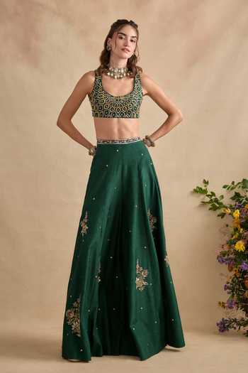 Shop Kalista Green Silk, Viscose Scoop Neck Shanaya Embroidered Blouse Sharara Set Shop_Kalista_Green Silk, Viscose Scoop Neck Shanaya Embroidered Blouse Sharara Set