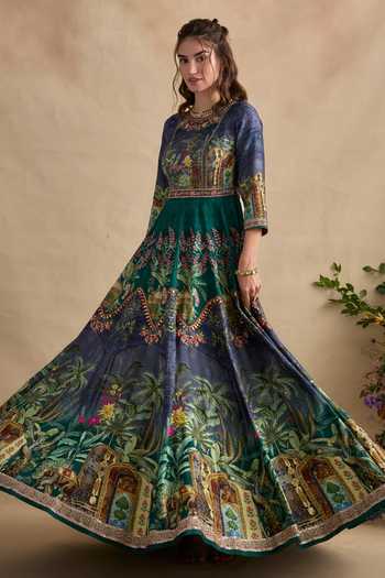 Shop Kalista Blue Silk, Net, Viscose Round Neck Shloka Print Anarkali And Dupatta Set Online at Aza Fashions Shop_Kalista_Blue Silk, Net, Viscose Round Neck Shloka Print Anarkali And Dupatta Set _Online_at_Aza_Fashions