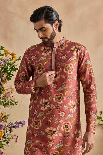 Kalista Brown Chanderi Silk Zian Print Kurta And Churidar Set Online at Aza Fashions Kalista_Brown Chanderi Silk Zian Print Kurta And Churidar Set _Online_at_Aza_Fashions