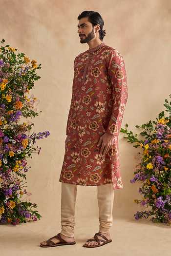 Buy Kalista Brown Chanderi Silk Zian Print Kurta And Churidar Set Online at Aza Fashions Buy_Kalista_Brown Chanderi Silk Zian Print Kurta And Churidar Set _Online_at_Aza_Fashions