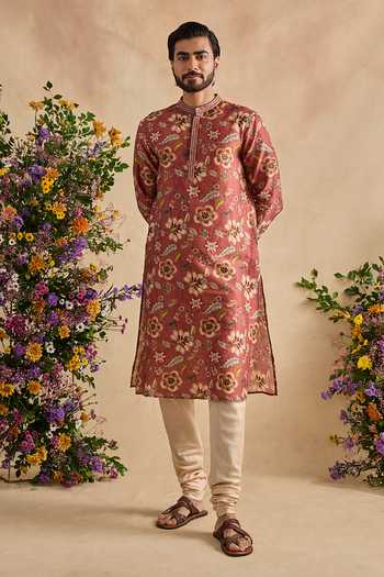 Shop Kalista Brown Chanderi Silk Zian Print Kurta And Churidar Set Online at Aza Fashions Shop_Kalista_Brown Chanderi Silk Zian Print Kurta And Churidar Set _Online_at_Aza_Fashions