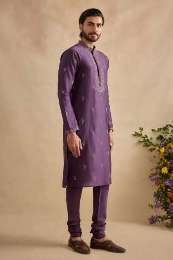 Kalista_Purple Chanderi Silk Aarsh Embroidered Kurta And Churidar Set _Online_at_Aza_Fashions