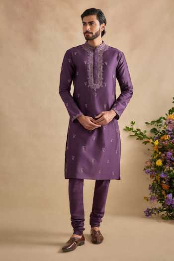 Buy_Kalista_Purple Chanderi Silk Aarsh Embroidered Kurta And Churidar Set _Online_at_Aza_Fashions